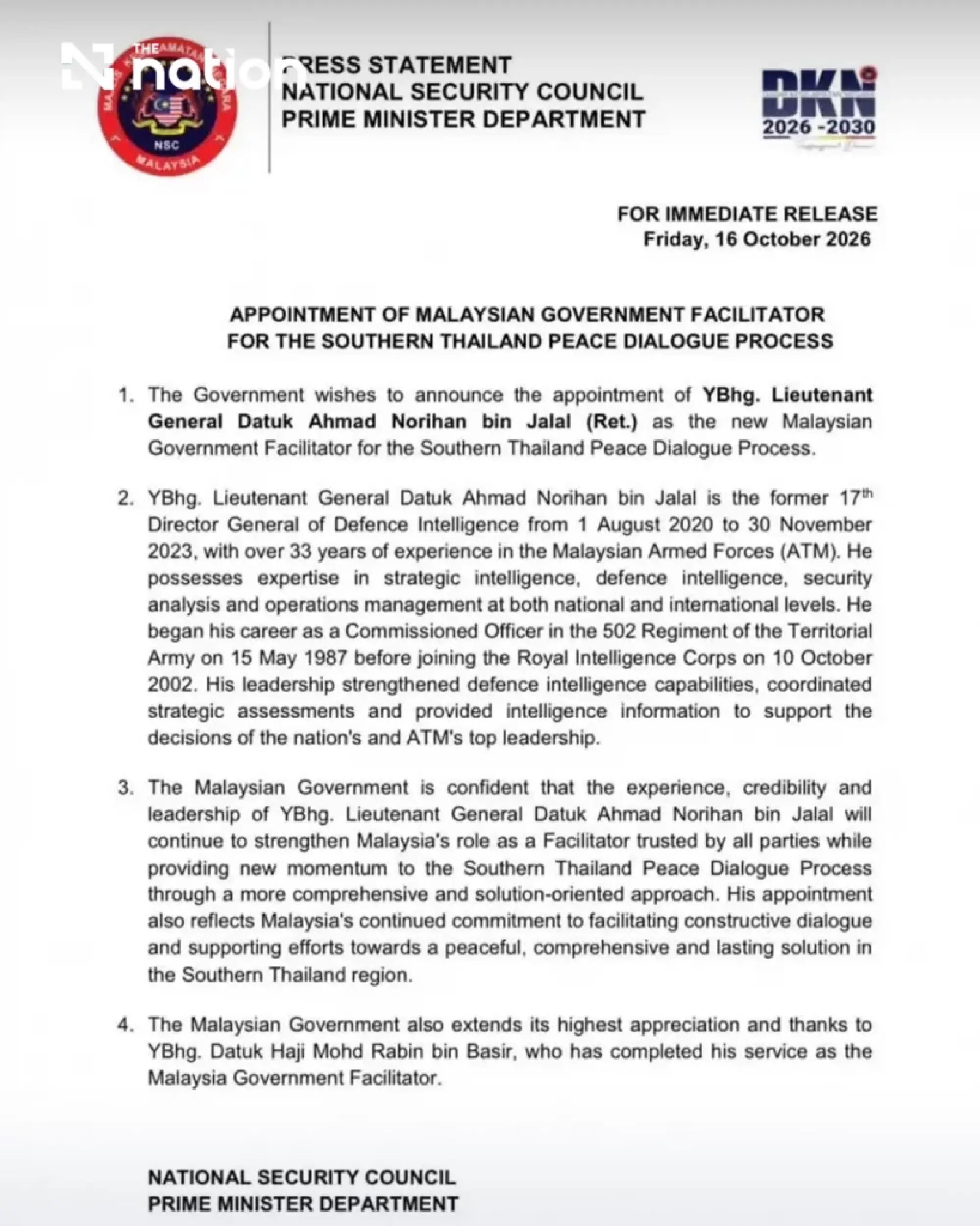 Malaysia appoints new facilitator for southern Thailand peace talks