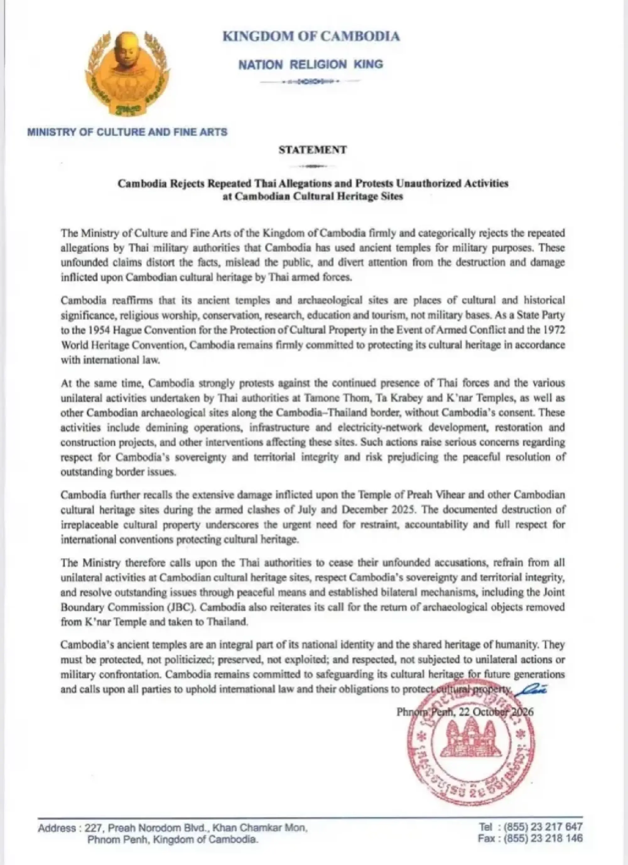 Thailand hits back at Cambodia over 2 temples on Oct 25