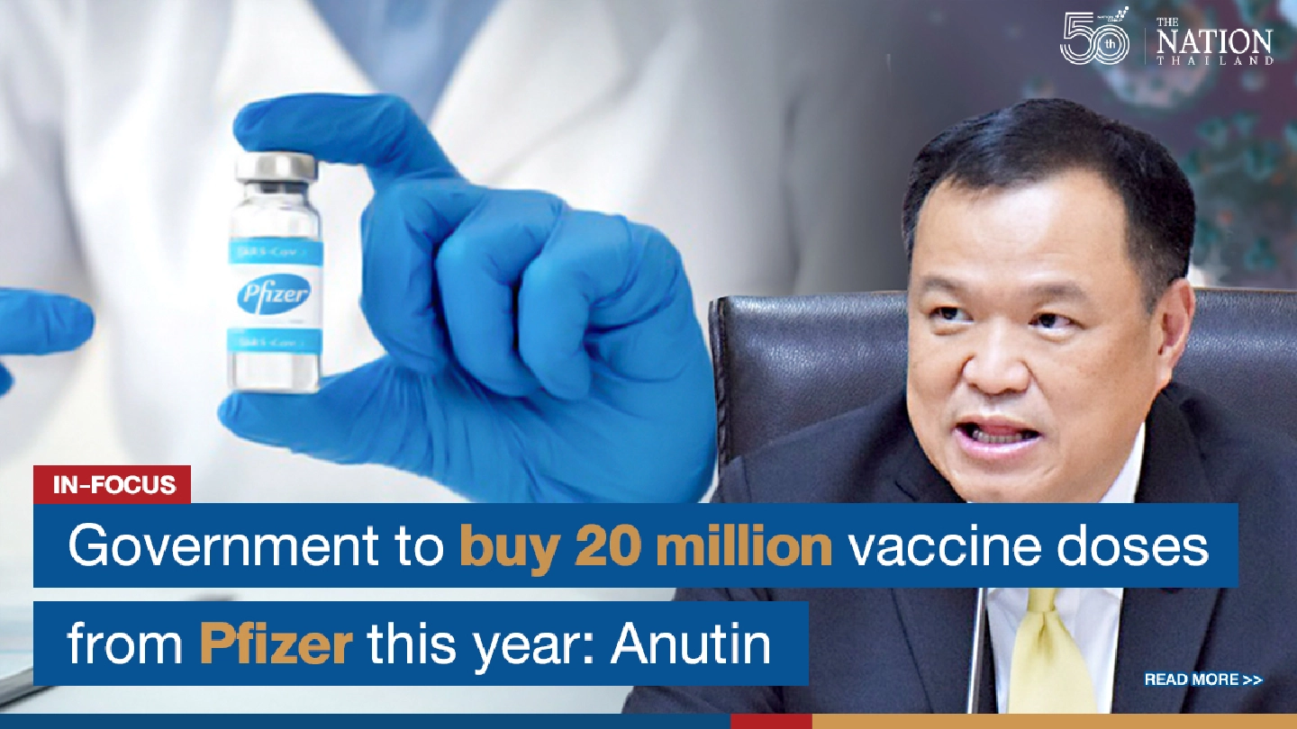Government to buy 20 million vaccine doses from Pfizer this year: Anutin Government to buy 20 million vaccine doses from Pfizer this year: Anutin