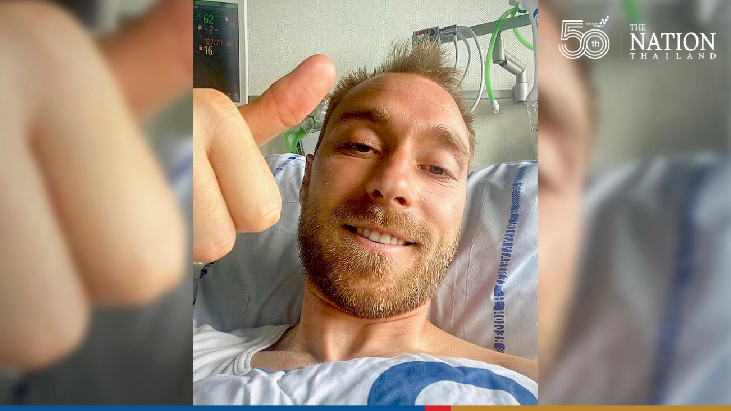 Smiling Eriksen thanks well-wishers from hospital bed Smiling Eriksen thanks well-wishers from hospital bed