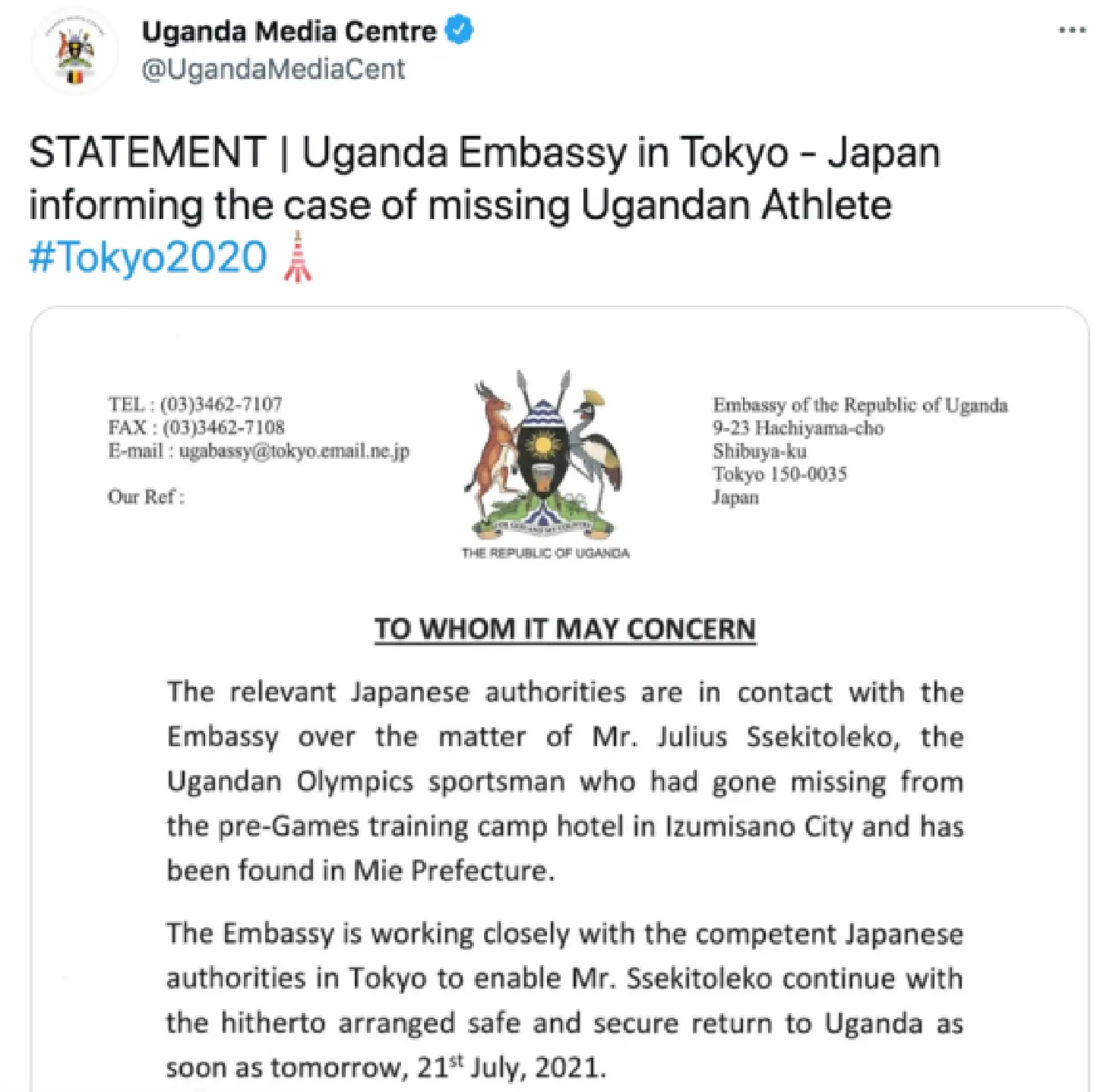 Ugandan Olympic athlete arrested in Japan after escape Ugandan Olympic athlete arrested in Japan after escape