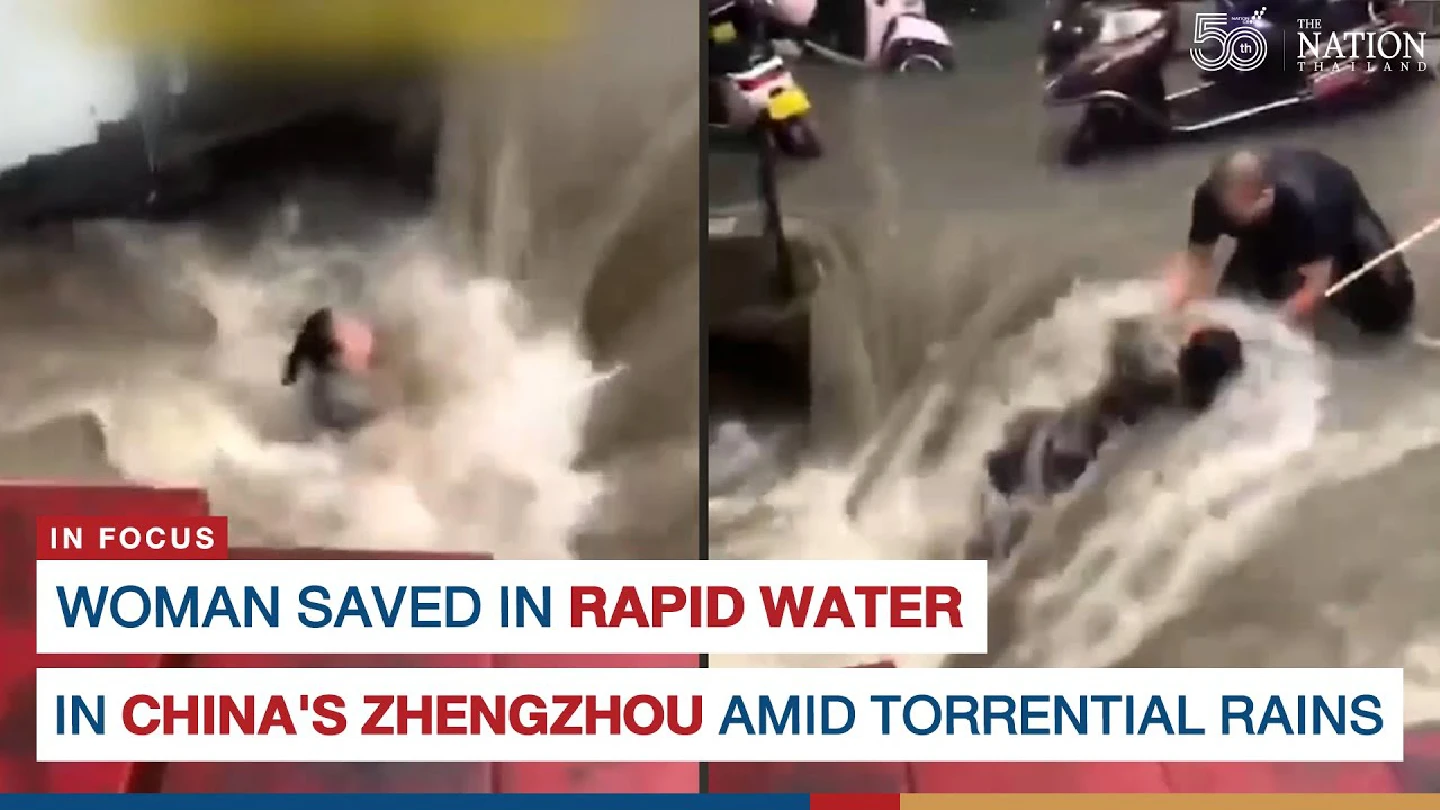 Woman saved in rapid water in Chinas Zhengzhou amid torrential rains