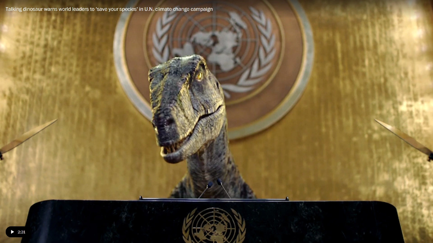 Frankie the Dinosaur tells world not to choose extinction in U.N. video urging climate action