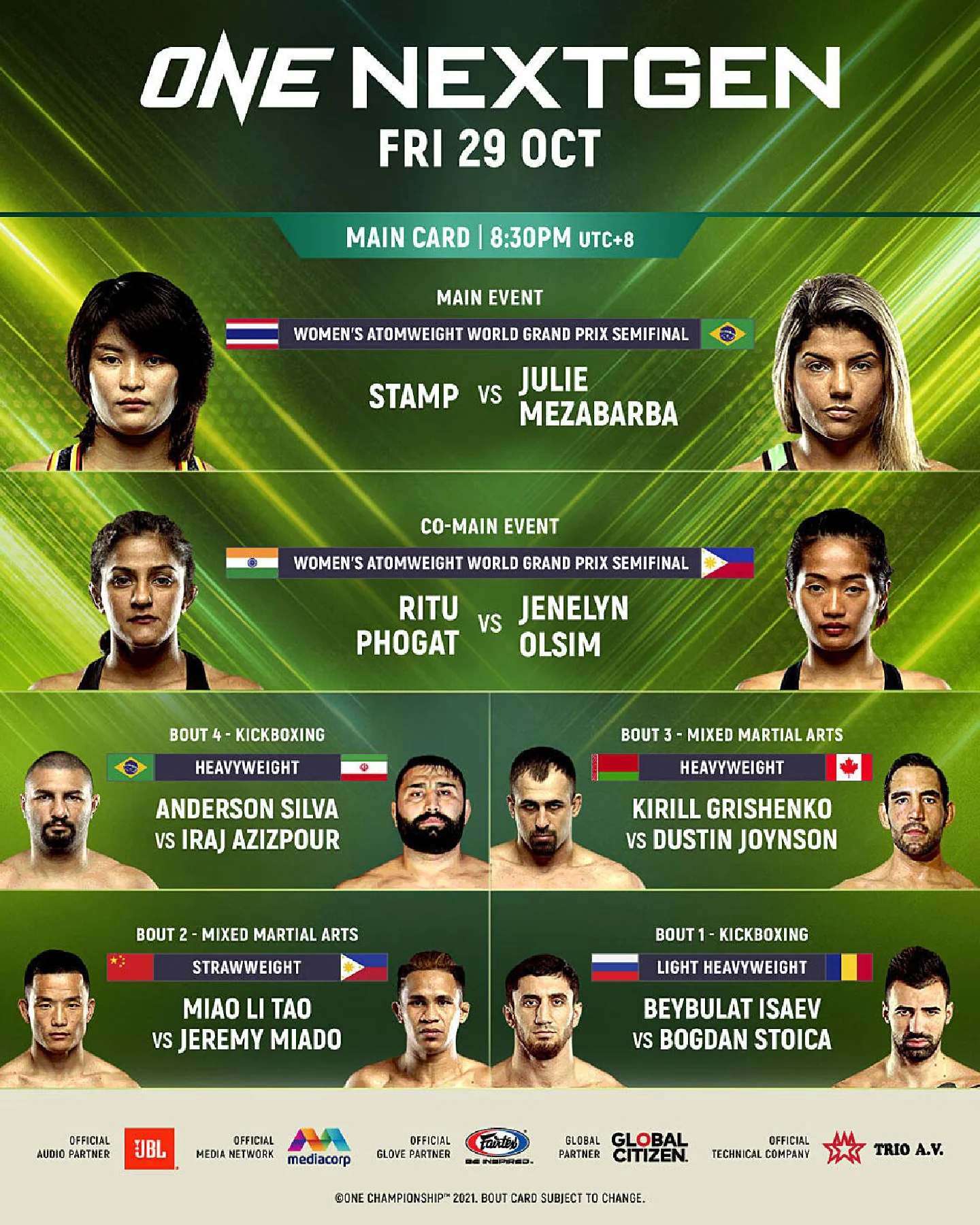 Stamp Fairtex vs. Julie Mezabarba World Grand Prix Semifinal Elevated to Main Event of ONE: NEXTGEN on 29 October Stamp Fairtex vs. Julie Mezabarba World Grand Prix Semifinal Elevated to Main Event of ONE: NEXTGEN on 29 October