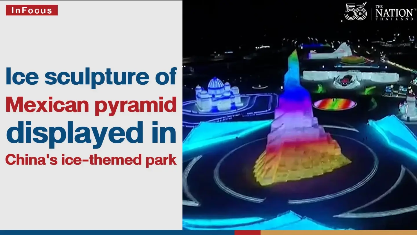 Ice sculpture of Mexican pyramid displayed in China's ice-themed park