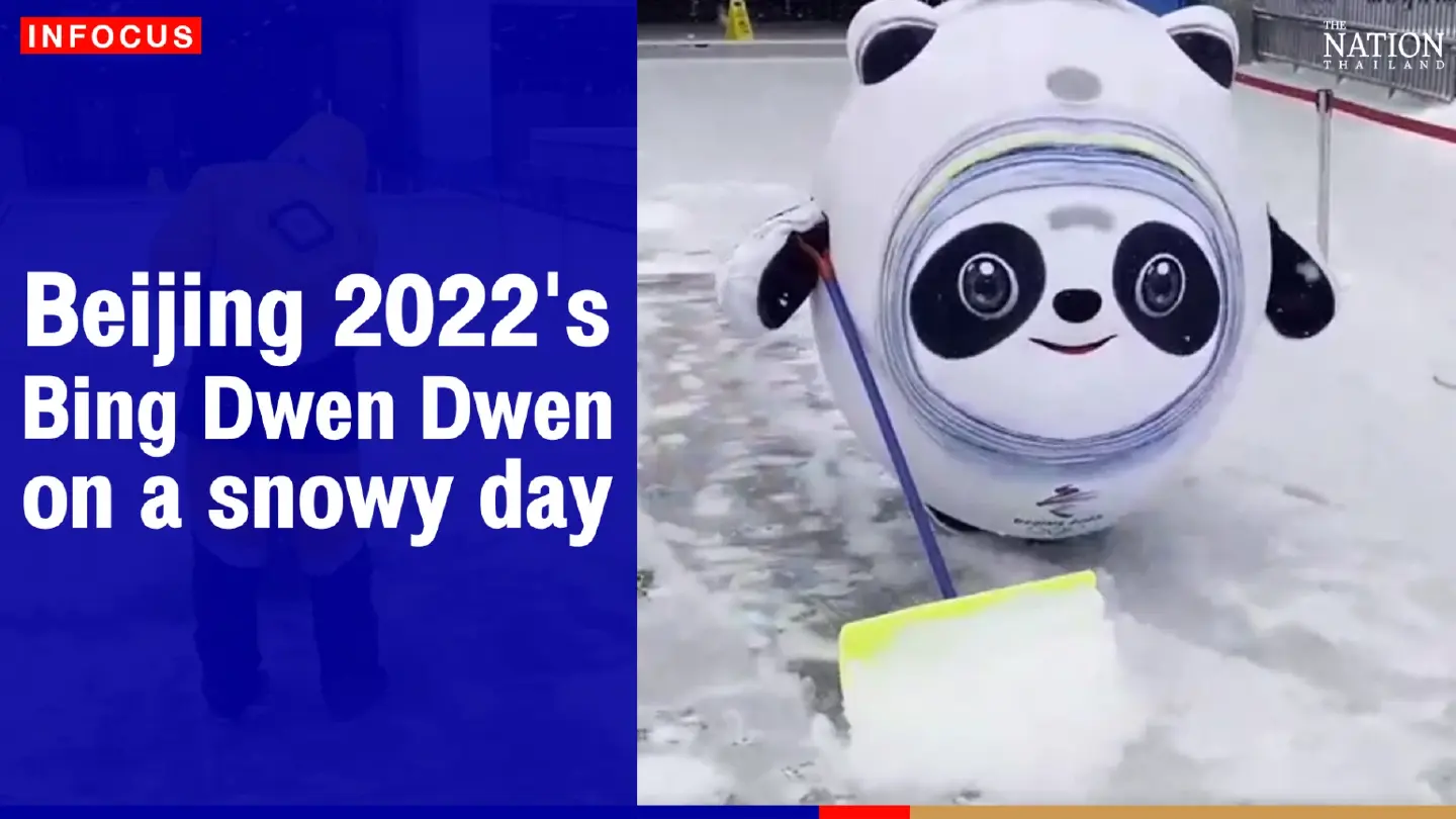 Beijing 2022's Bing Dwen Dwen on a snowy day