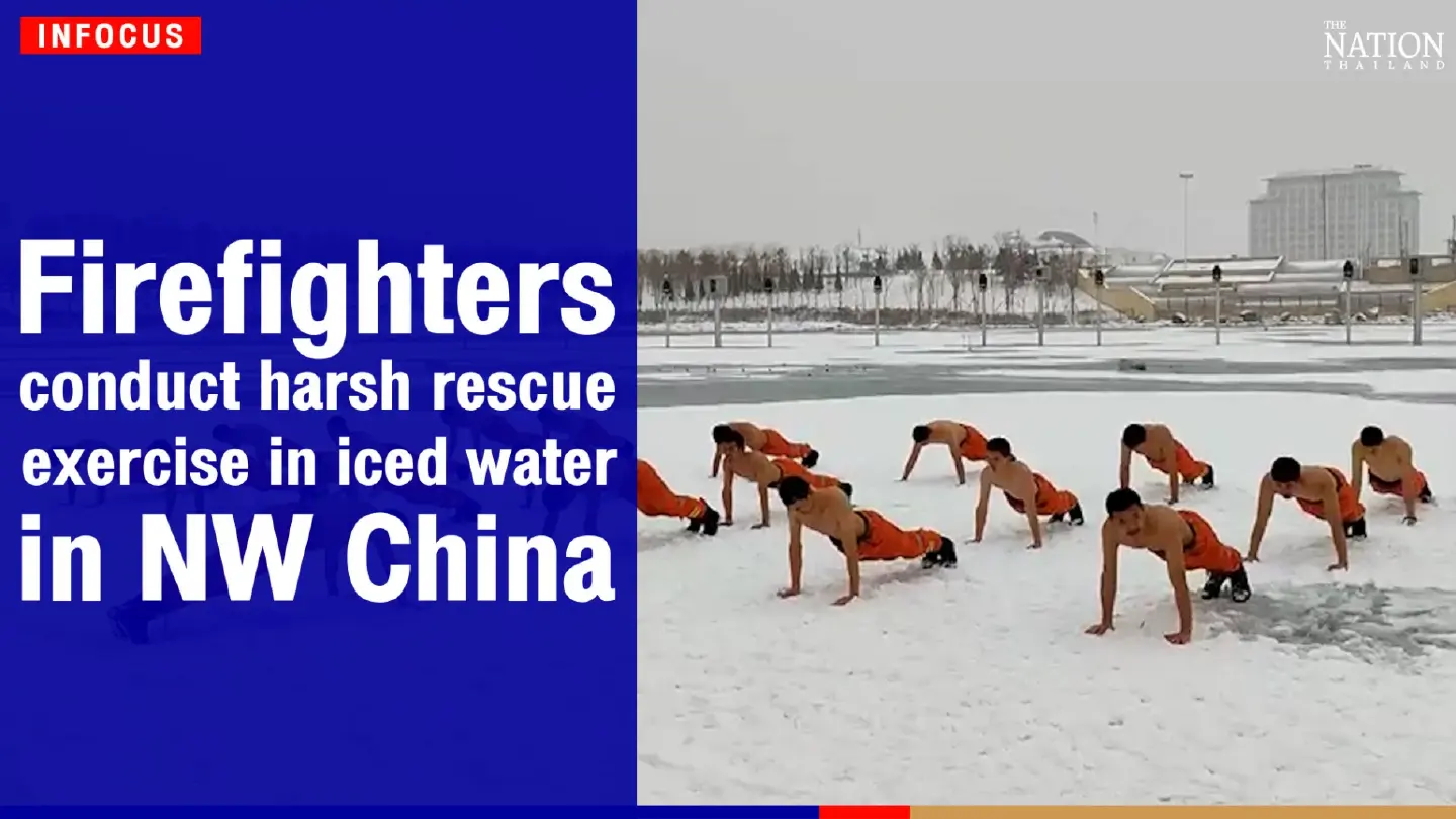 Firefighters conduct harsh rescue exercise in iced water in NW China