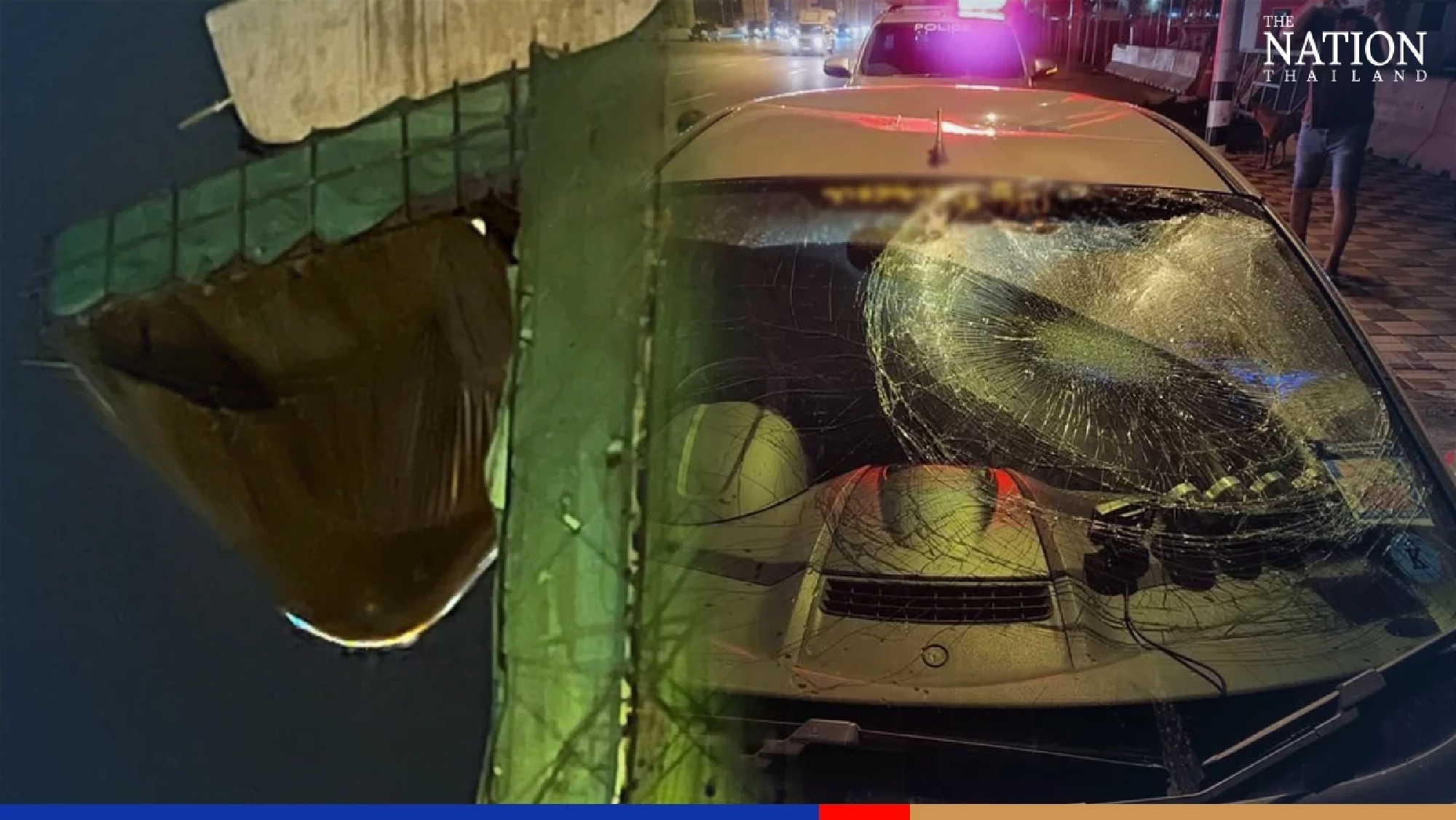 Driver escapes as rain-filled tarp crushes her car on Rama II Road