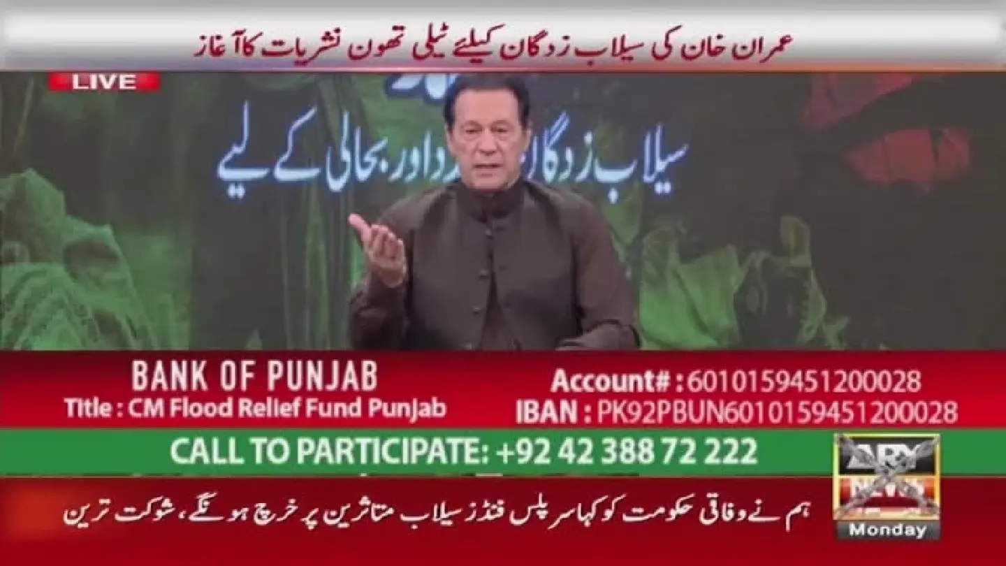 Pakistan ex-PM Khan holds telethon to collect funds for flood victims