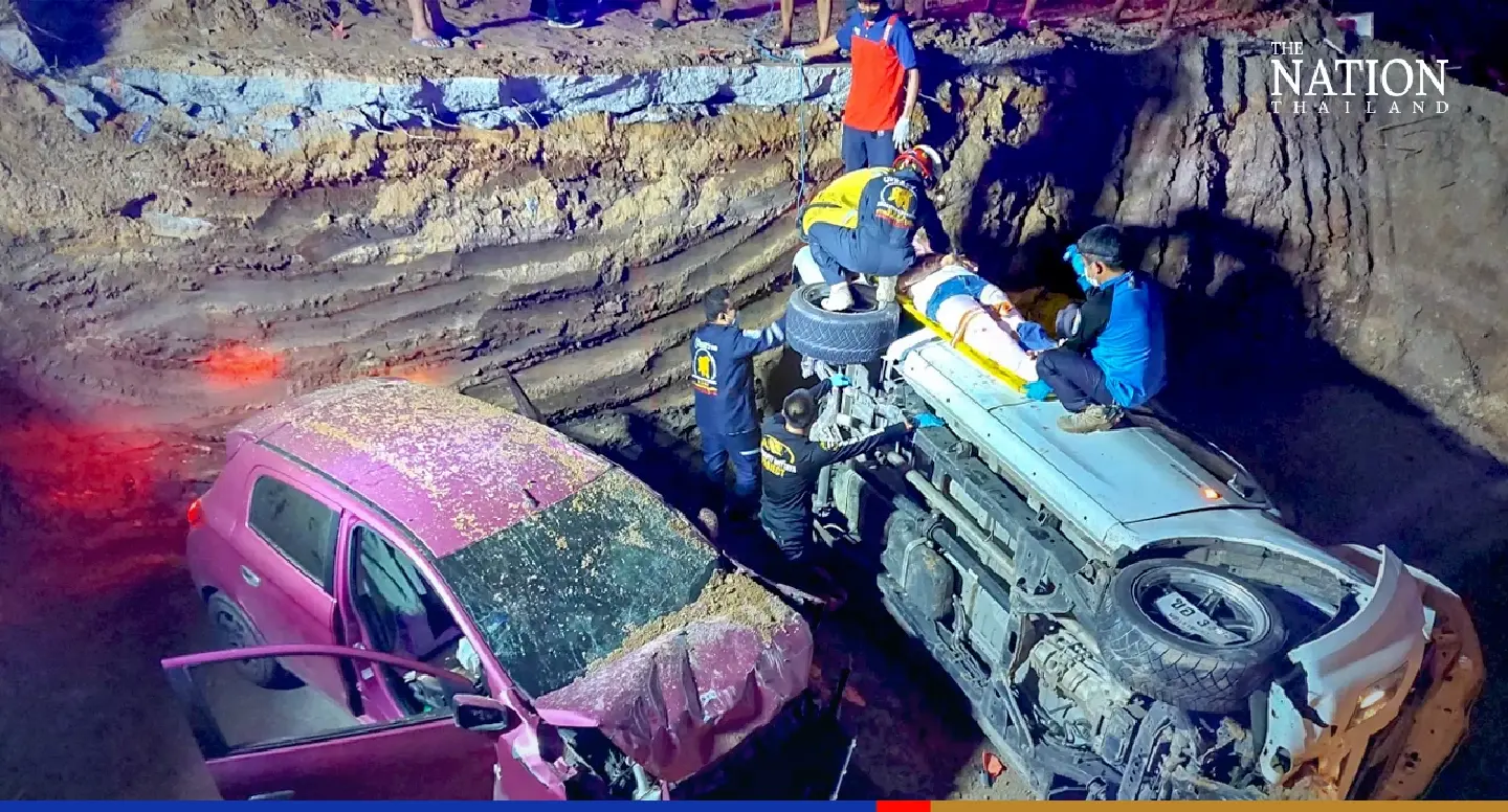 Drive home becomes an adventure in Korat as 2 cars plunge into a massive hole