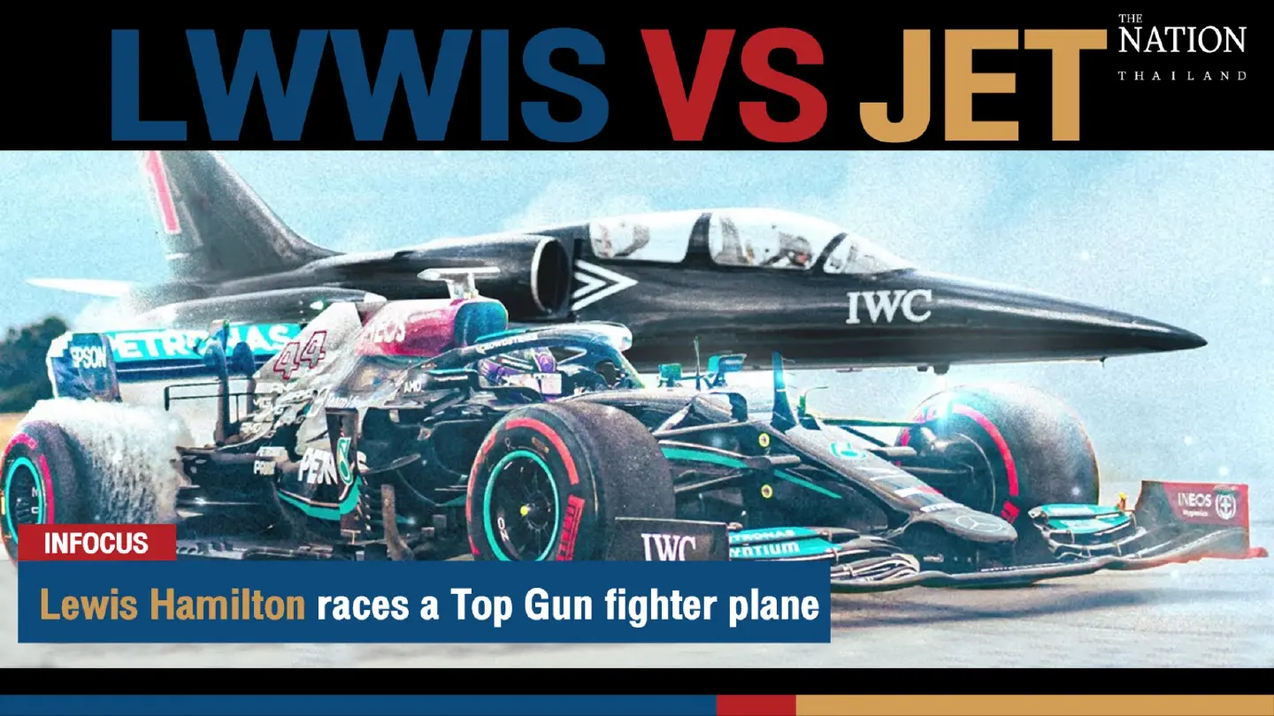 Lewis Hamilton races a Top Gun fighter plane