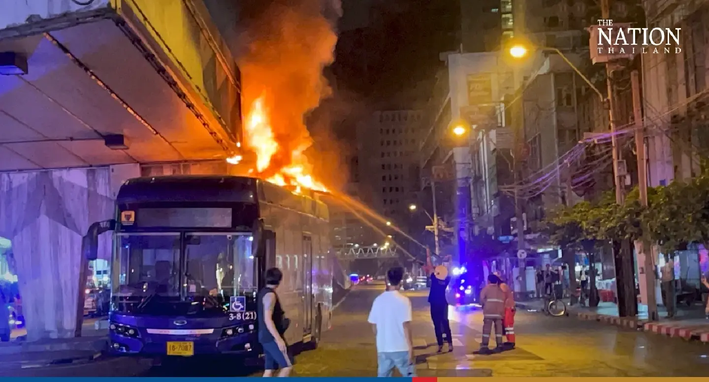 One swerve and you’re on fire! Bus No 38 up in flames in Pratunam