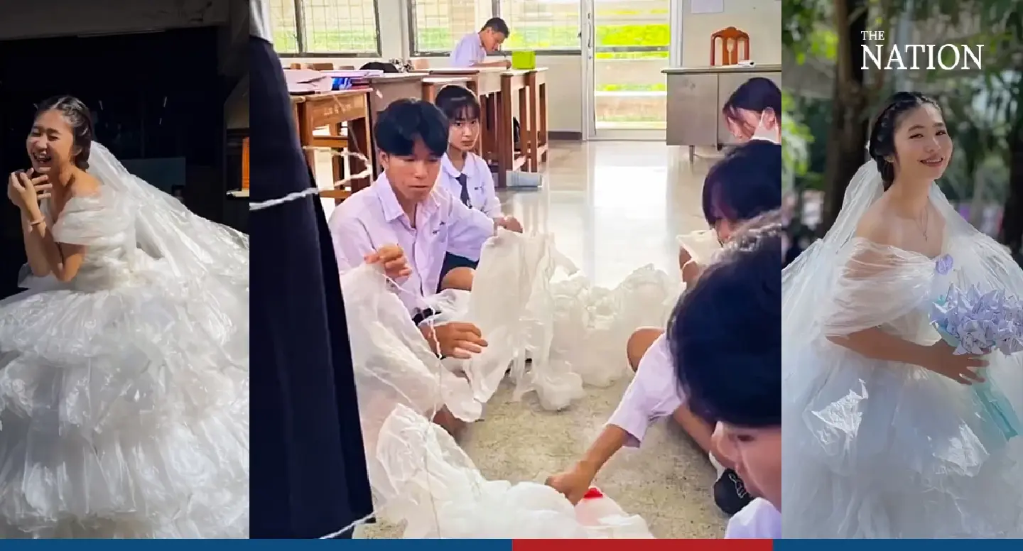 Thai students' plastic wedding gown wins the hearts of netizens