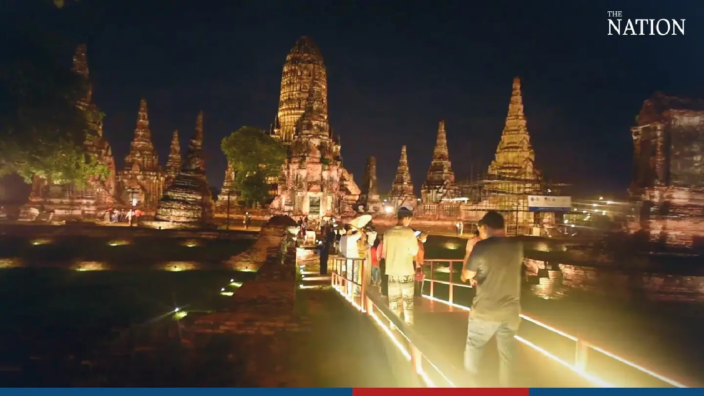 Ancient Ayutthaya temple illuminated to attract tourists