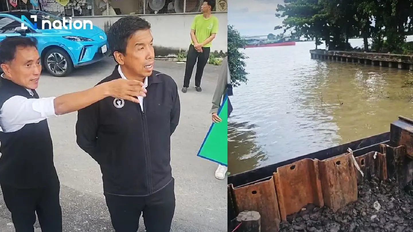 Chadchart inspects repaired Chao Phraya levees in Yannawa Chadchart inspects repaired Chao Phraya levees in Yannawa