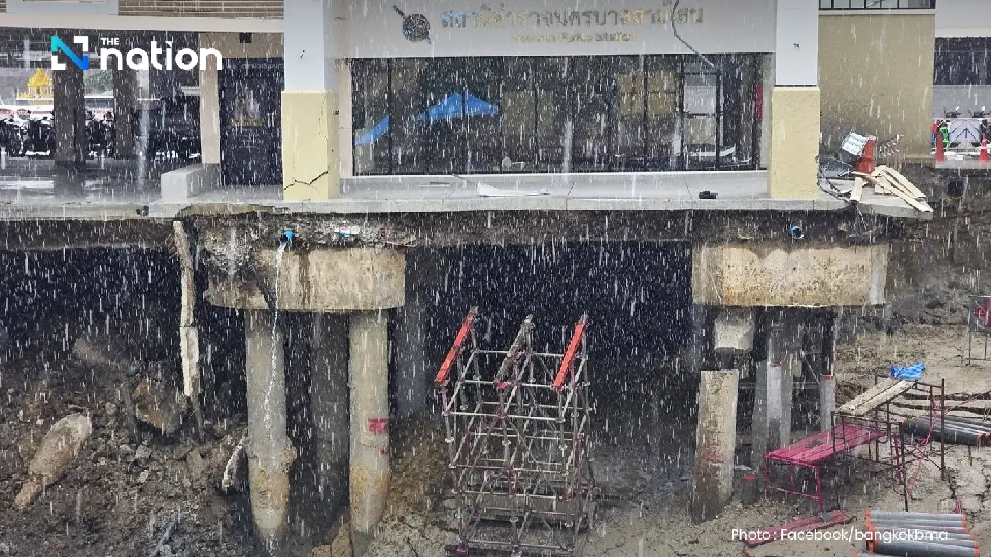 Demolition begins at Samsen police station after landslide worsens building subsidence
