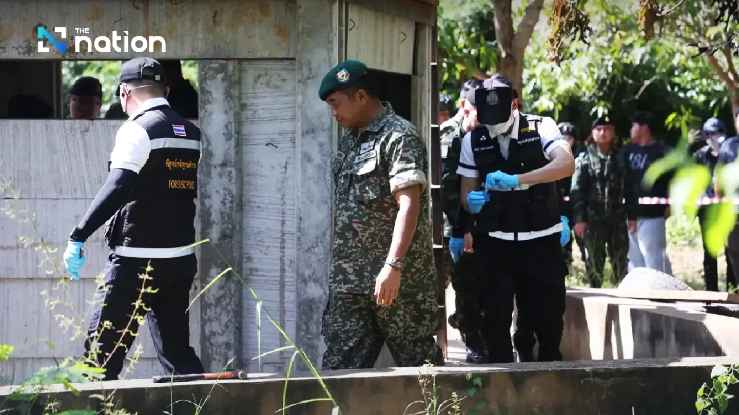 Thai military escorts AOT to collect evidence of Cambodian gunfire at Ban Nong Ya Kaew Thai military escorts AOT to collect evidence of Cambodian gunfire at Ban Nong Ya Kaew