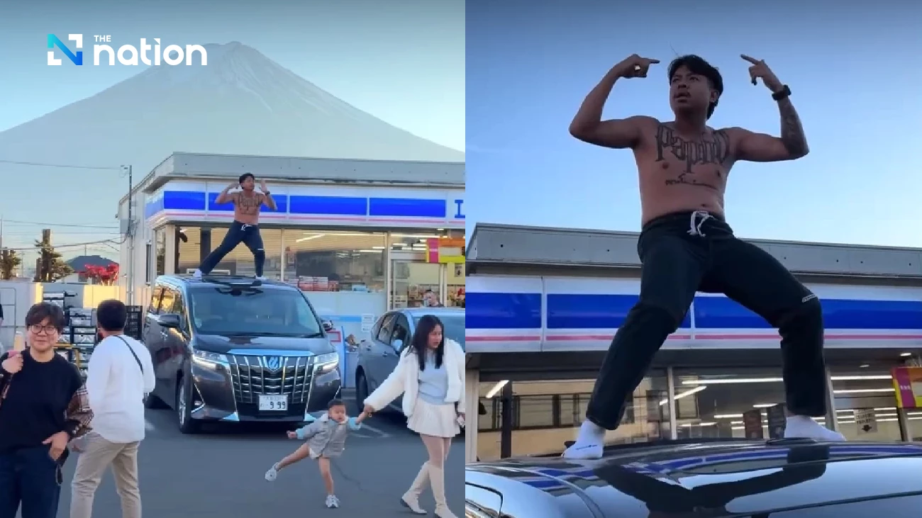 Thai YouTuber “Jack Papho” slammed in Japan and Thailand after climbing onto car, dancing shirtless at Fuji-view Lawson