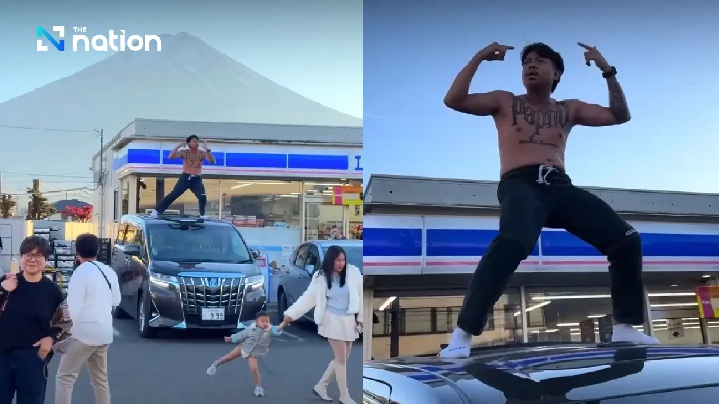 Thai YouTuber “Jack Papho” slammed in Japan and Thailand after climbing onto car, dancing shirtless at Fuji-view Lawson