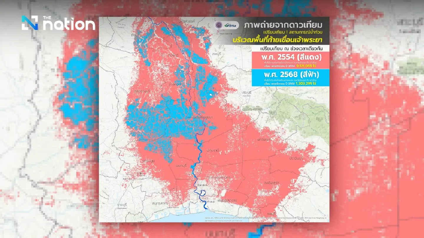 GISTDA satellite images show 86% less flooding in 2025 compared to 2011