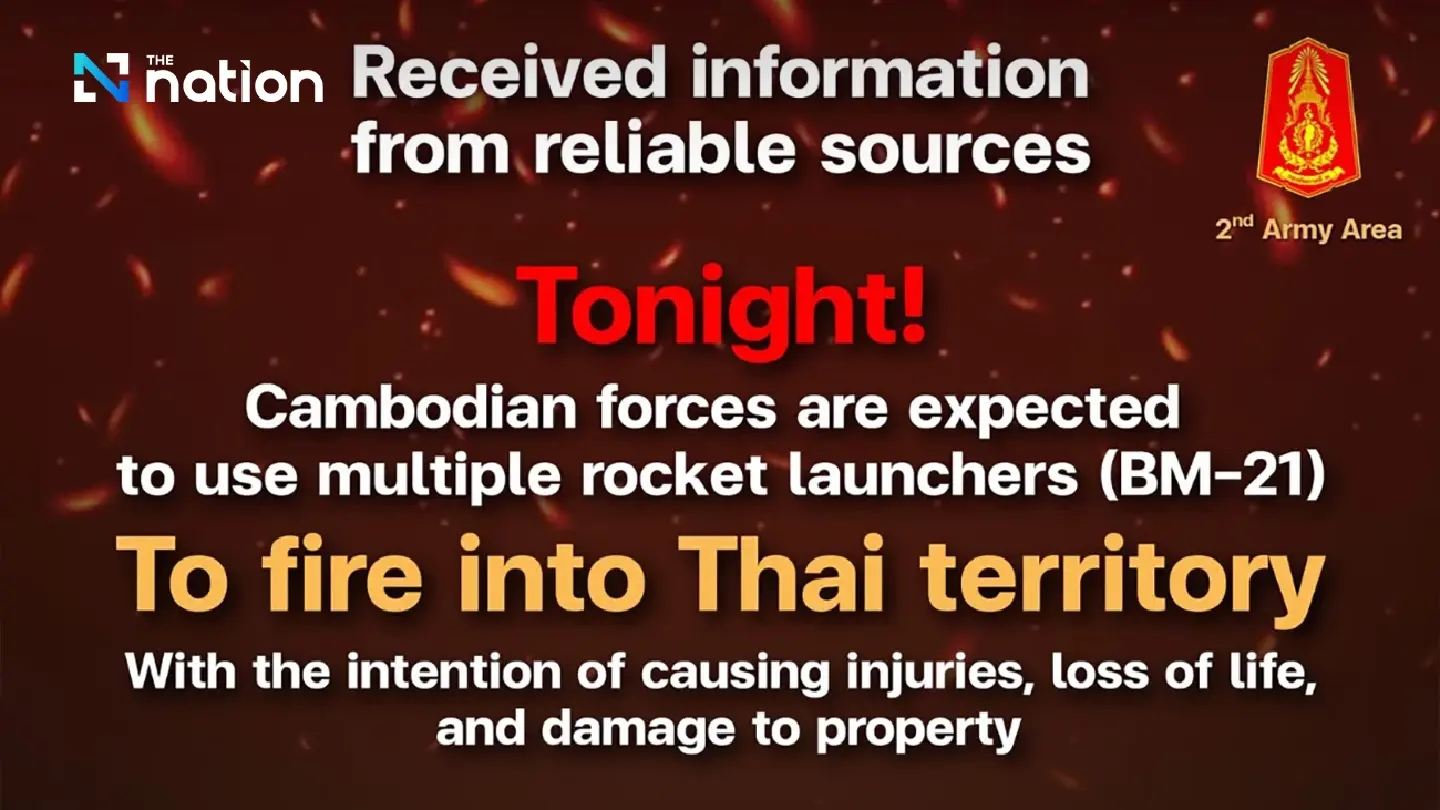 Thai army warns of expected Cambodian BM-21 night attack, vows full response