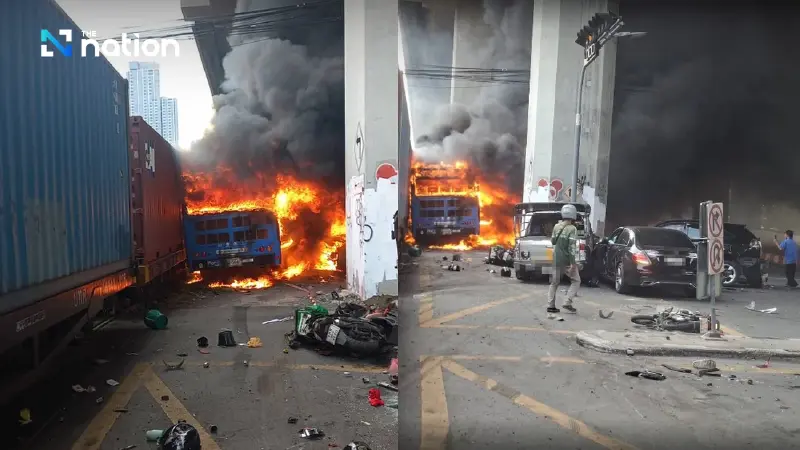 Eight found dead after freight train hits Bangkok bus near Makkasan
