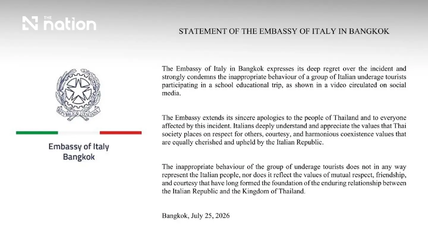 Italian Embassy Issues Apology After Italian Youth Group Sparks Fury on Bangkok Train Italian Embassy Issues Apology After Italian Youth Group Sparks Fury on Bangkok Train