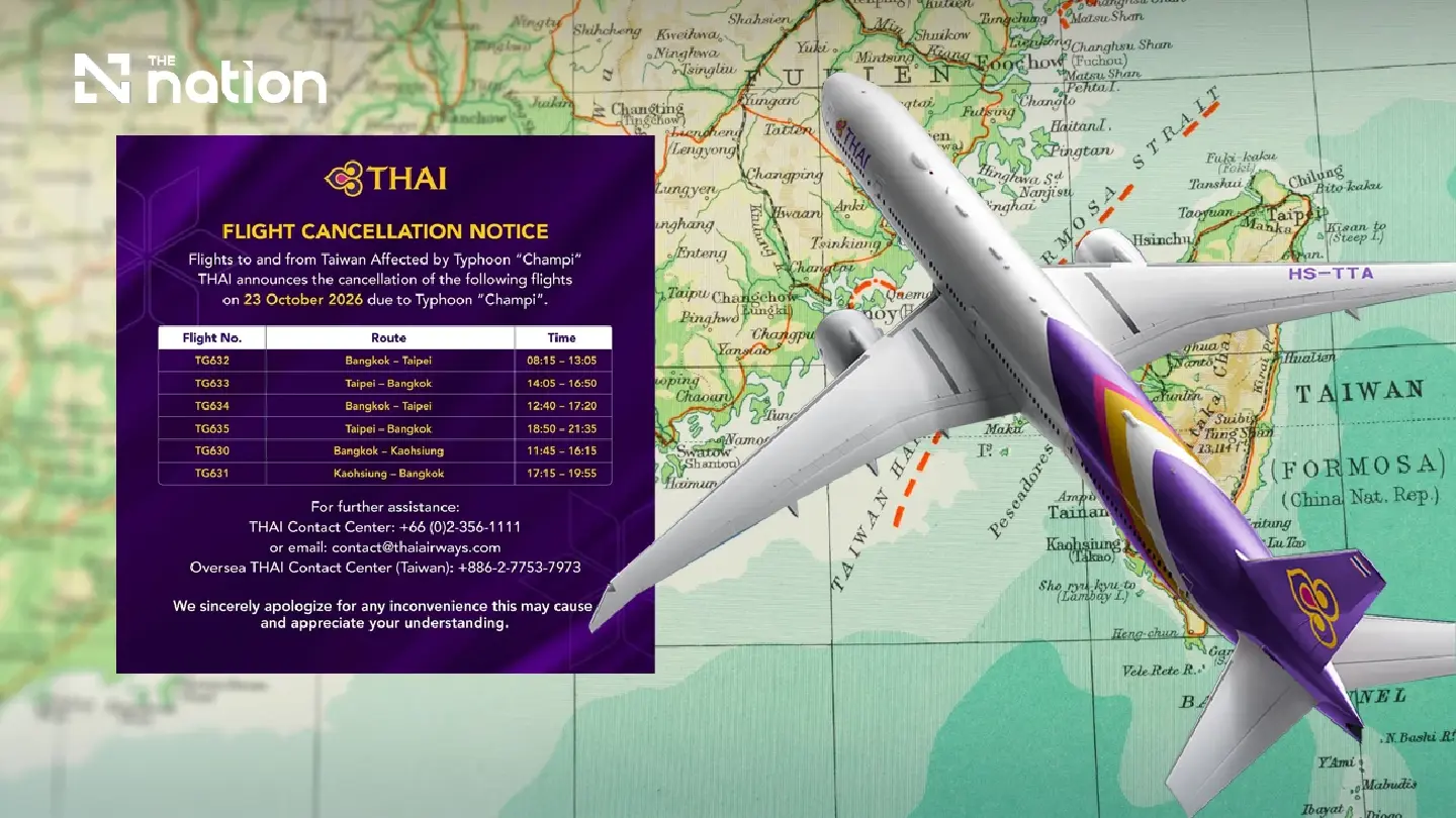 Thai Airways cancels six Taiwan flights on October 23 over Typhoon Champi Thai Airways cancels six Taiwan flights on October 23 over Typhoon Champi